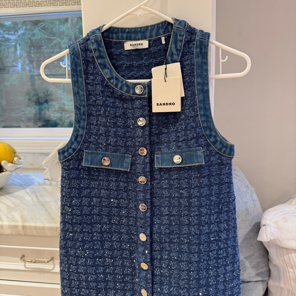 Sandro Navy Blue Tweed Mini Dress with Button Front - Picture 3 of 8